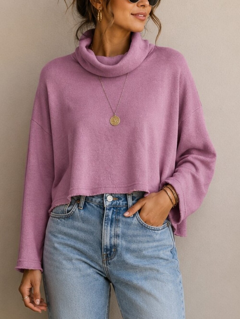American Eagle Outfitters Mauve Relaxed Cropped Turtleneck Sweater